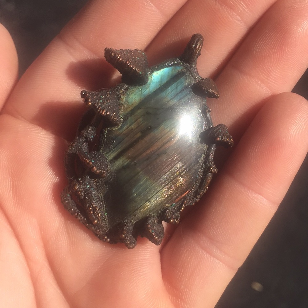 Labradorite electroformed copper mushroom necklace
